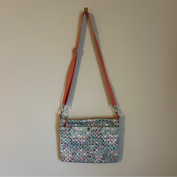 Fossil Seafoam Green/Coral/Purple/Taupe Canvas Crossbody Zip Purse 9.5x12x0.5” - Picture 1 of 9